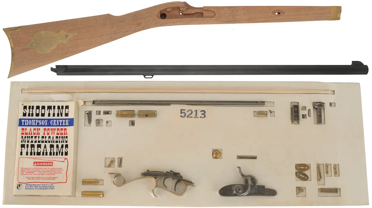 Thompson Center Hawken Rifle Kit,
.50 caliber, 28" barrel,
percussion, walnut, brass trim,
unassembled, in the factory carton