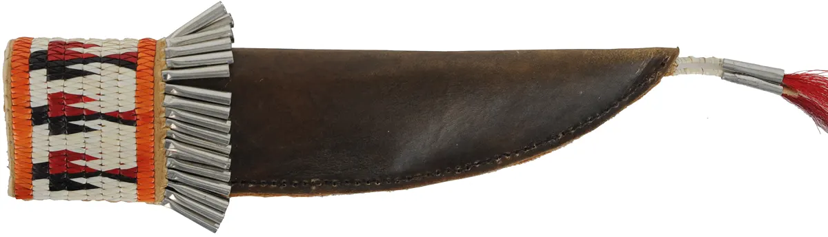 Quillwork Knife Sheath,
10-3/8" long by 2-1/2" wide,
rawhide,orange, white, red, black, quillwork,
cones and red tassles
