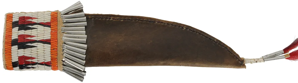 Quillwork Knife Sheath,
10-3/8" long by 2-1/2" wide,
rawhide,orange, white, red, black, quillwork,
cones and red tassles
