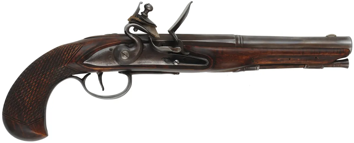 Kentucky Pistol
.62 smoothbore, 8-1/2" octagon-to-round barrel,
small Queen Anne flint lock, maple,iron trim, used