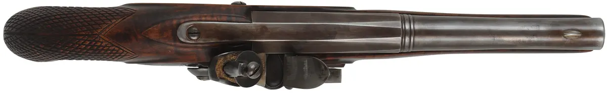Kentucky Pistol
.62 smoothbore, 8-1/2" octagon-to-round barrel,
small Queen Anne flint lock, maple,iron trim, used