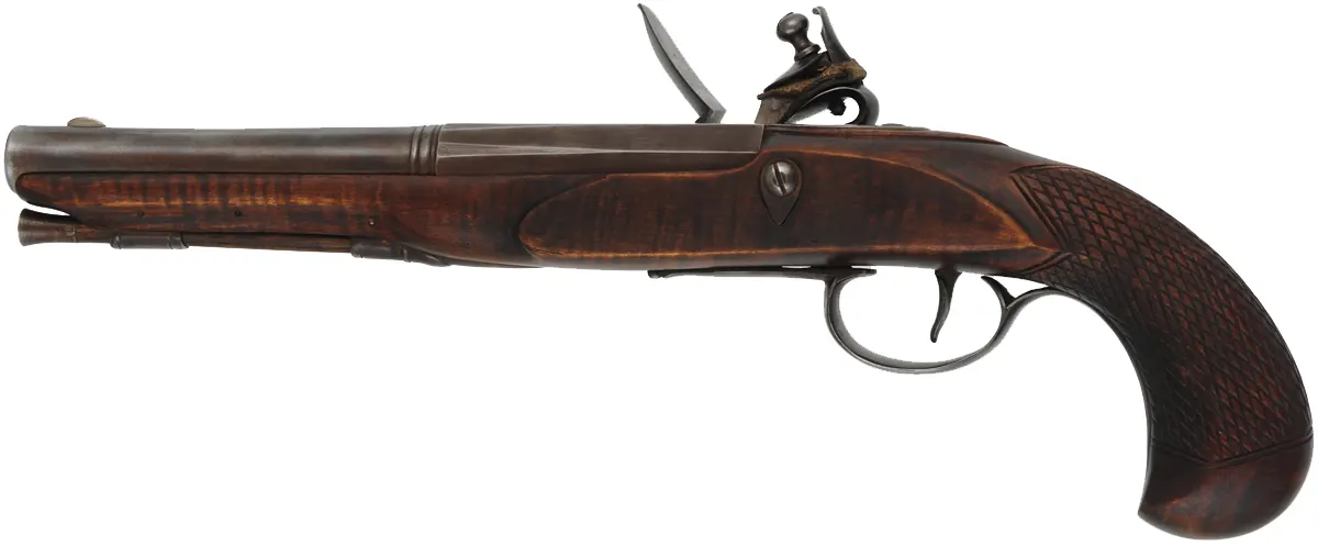 Kentucky Pistol
.62 smoothbore, 8-1/2" octagon-to-round barrel,
small Queen Anne flint lock, maple,iron trim, used