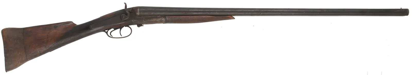Antique Breech Loading Double Shotgun,
 12 gauge 2-5/8", 30" barrels, 
walnut, iron, side lever,  back action locks,
marked W. Richards, decorator use