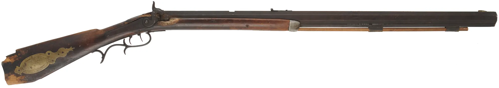 Relic ~ Antique Halfstock Rifle,
.47 caliber, 31-1/2" barrel,
back action percussion, maple, brass,
cracks, non-functional, decorator use