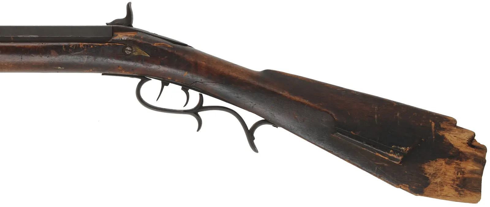 Relic ~ Antique Halfstock Rifle,
.47 caliber, 31-1/2" barrel,
back action percussion, maple, brass,
cracks, non-functional, decorator use
