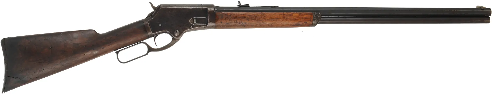 Marlin Model 1881 Lever Action Rifle
.45-70 Gov't, 28" barrel,
walnut with crack, well aged patina