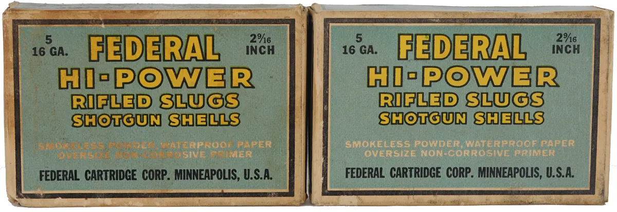 Two Vintage Boxes of Federal Hi Power Rifled Shotgun Shells
16 gauge, 2-9/16" length
