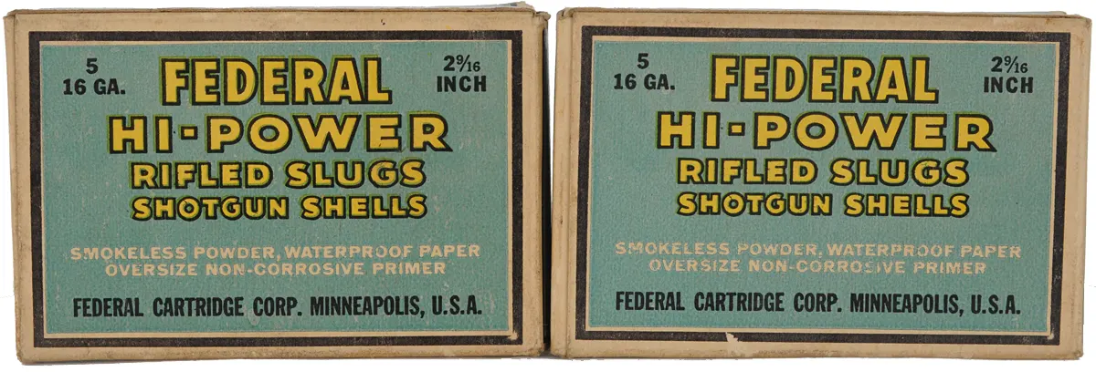 Two Vintage Boxes of Federal Hi Power Rifled Shotgun Shells
16 gauge, 2-9/16" length