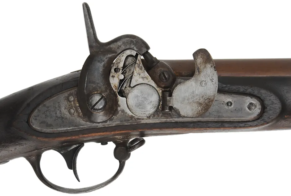 Frankford Arsenal Maynard Conversion Musket,
.69 caliber rifled, 42" barrel, 
walnut, iron, percussion, New Jersey marking