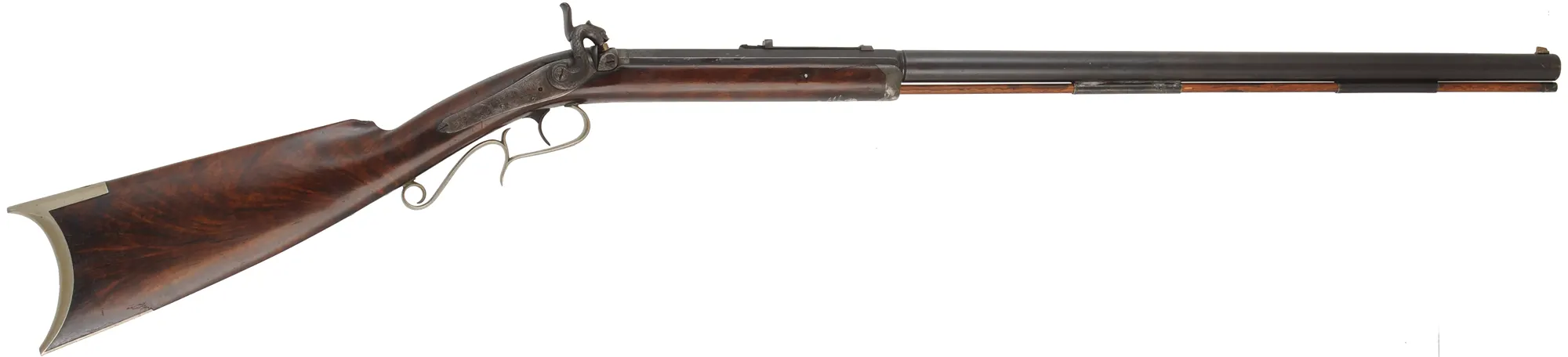 Antique Halfstock Rifle
.36 caliber, 30" octagon-to-round barrel,
figured walnut, nickel silver trim, back action percussion lock,
signed H.R. Thompson Jackson Mich.