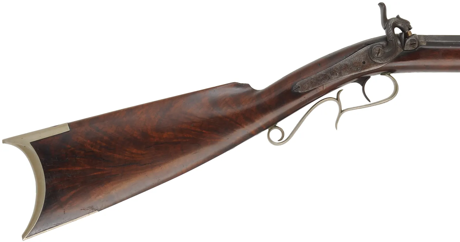 Antique Halfstock Rifle
.36 caliber, 30" octagon-to-round barrel,
figured walnut, nickel silver trim, back action percussion lock,
signed H.R. Thompson Jackson Mich.