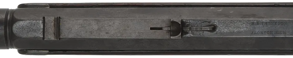 Antique Halfstock Rifle
.36 caliber, 30" octagon-to-round barrel,
figured walnut, nickel silver trim, back action percussion lock,
signed H.R. Thompson Jackson Mich.