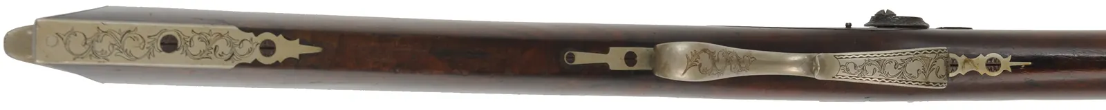 Antique Halfstock Rifle
.36 caliber, 30" octagon-to-round barrel,
figured walnut, nickel silver trim, back action percussion lock,
signed H.R. Thompson Jackson Mich.