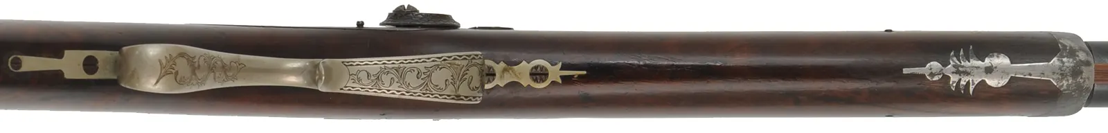 Antique Halfstock Rifle
.36 caliber, 30" octagon-to-round barrel,
figured walnut, nickel silver trim, back action percussion lock,
signed H.R. Thompson Jackson Mich.