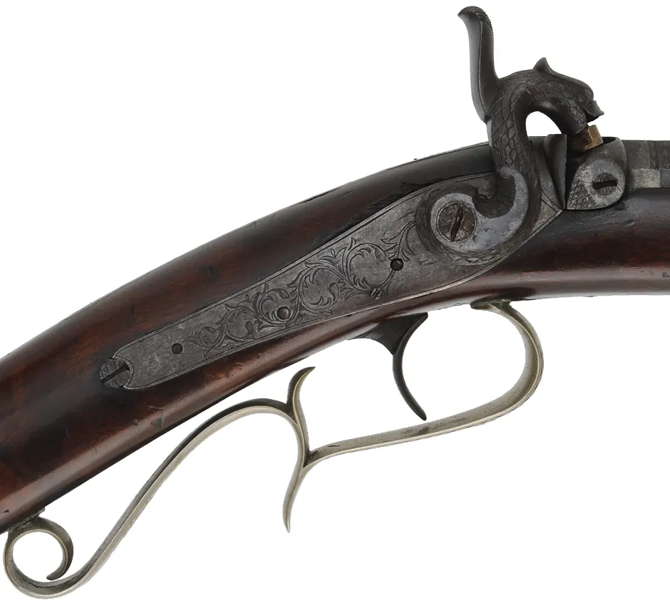 Antique Halfstock Rifle
.36 caliber, 30" octagon-to-round barrel,
figured walnut, nickel silver trim, back action percussion lock,
signed H.R. Thompson Jackson Mich.