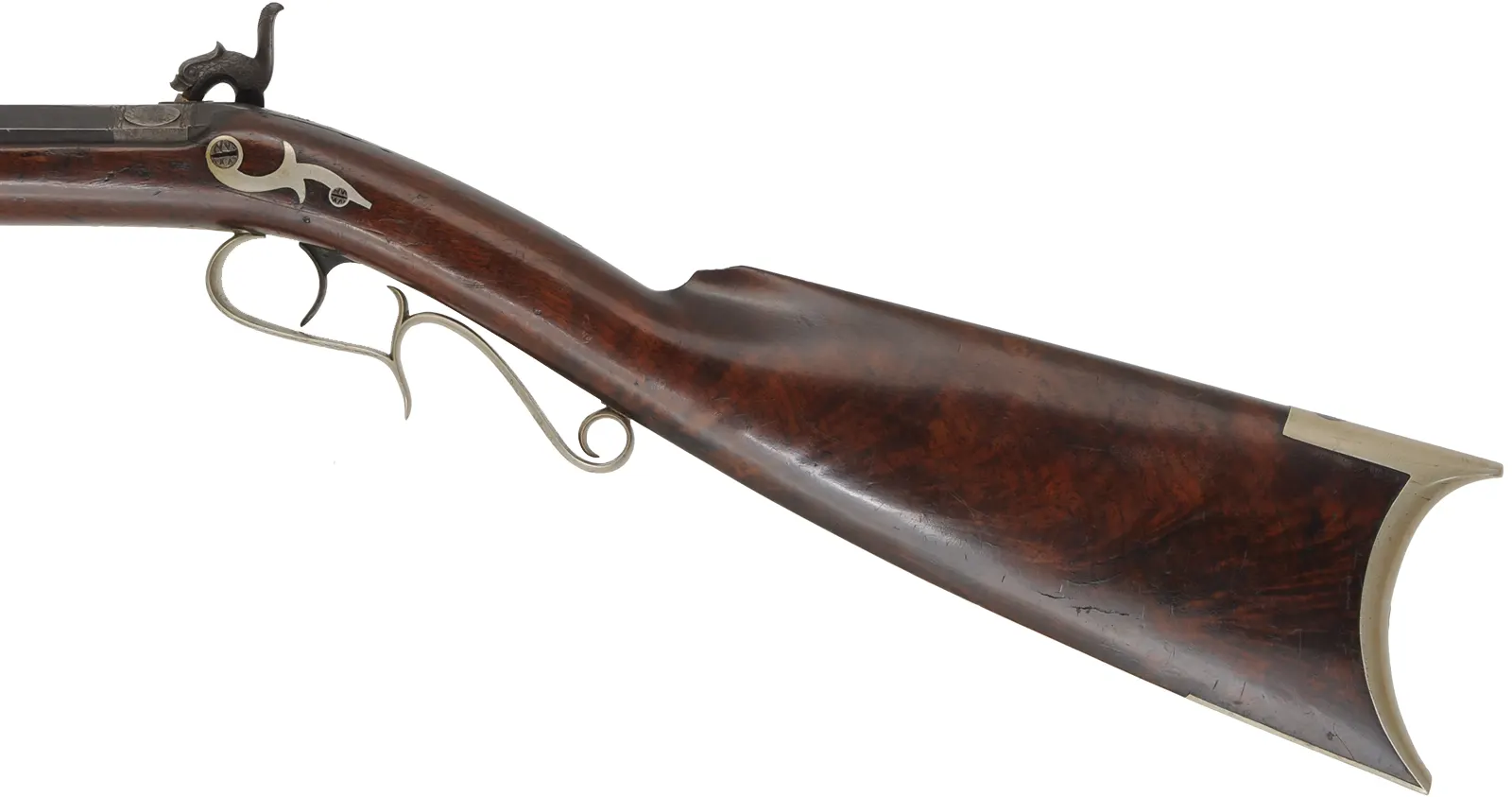 Antique Halfstock Rifle
.36 caliber, 30" octagon-to-round barrel,
figured walnut, nickel silver trim, back action percussion lock,
signed H.R. Thompson Jackson Mich.