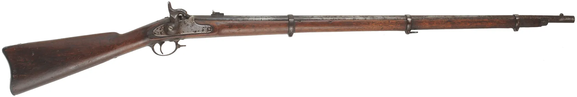Model 1861 Special Contract Musket,
reamed to .60 smoothbore, 40" barrel, 
three bands, walnut, iron, well aged patina,
marked L.G. & Y Winstor VT