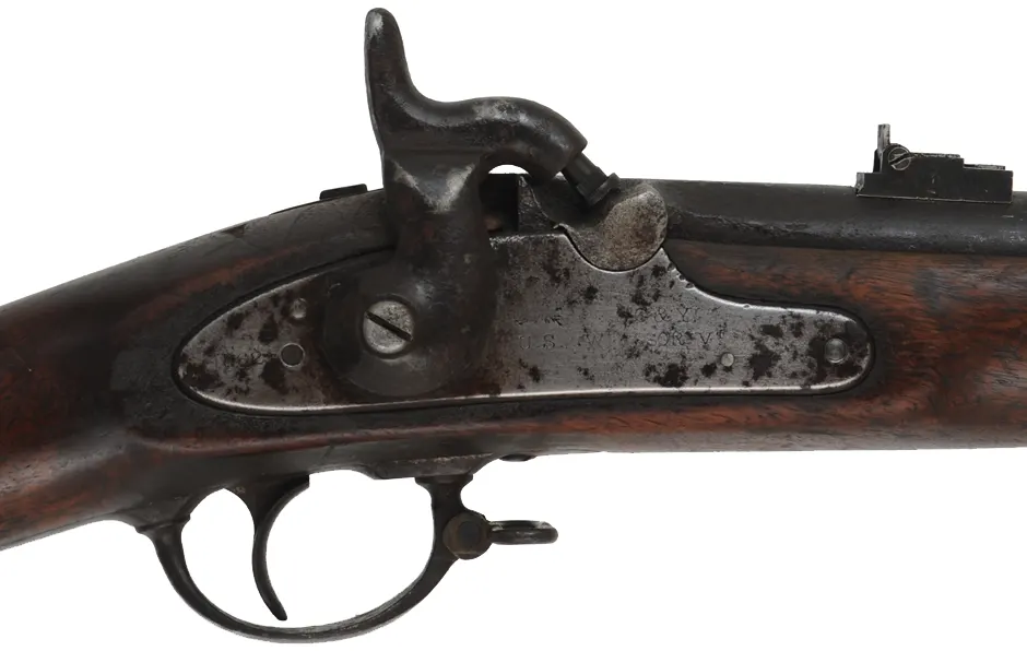 Model 1861 Special Contract Musket,
reamed to .60 smoothbore, 40" barrel, 
three bands, walnut, iron, well aged patina,
marked L.G. & Y Winstor VT