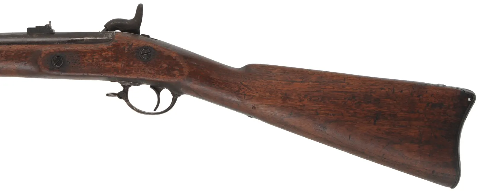 Model 1861 Special Contract Musket,
reamed to .60 smoothbore, 40" barrel, 
three bands, walnut, iron, well aged patina,
marked L.G. & Y Winstor VT