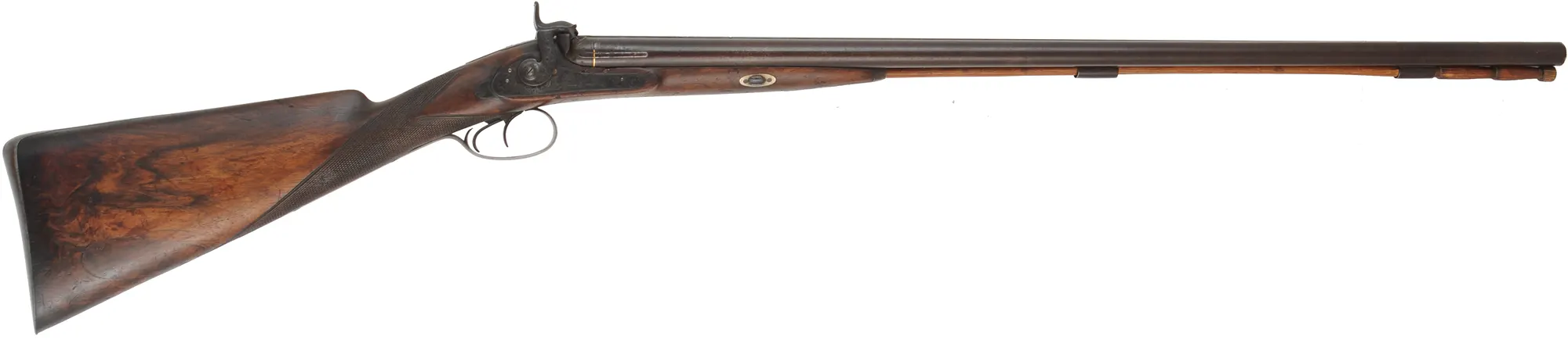 Antique Double Barrel Shotgun,
14 gauge, 30-1/2" Damascus barrels,
percussion, repaired walnut, engraved iron furniture, 
marked J.D. Hartmann in Hamburg