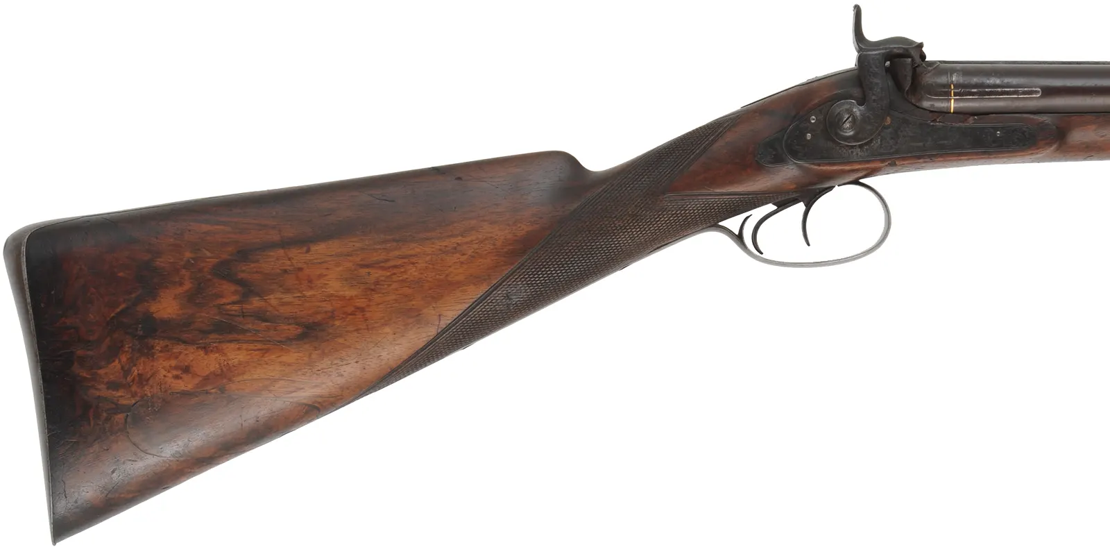Antique Double Barrel Shotgun,
14 gauge, 30-1/2" Damascus barrels,
percussion, repaired walnut, engraved iron furniture, 
marked J.D. Hartmann in Hamburg