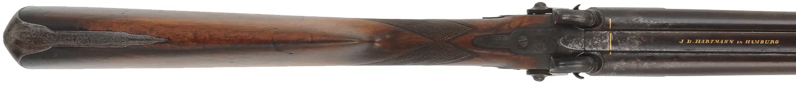 Antique Double Barrel Shotgun,
14 gauge, 30-1/2" Damascus barrels,
percussion, repaired walnut, engraved iron furniture, 
marked J.D. Hartmann in Hamburg
