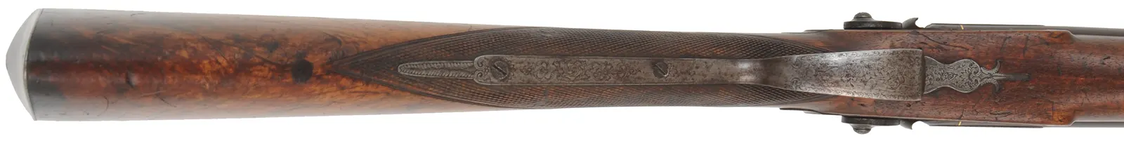 Antique Double Barrel Shotgun,
14 gauge, 30-1/2" Damascus barrels,
percussion, repaired walnut, engraved iron furniture, 
marked J.D. Hartmann in Hamburg