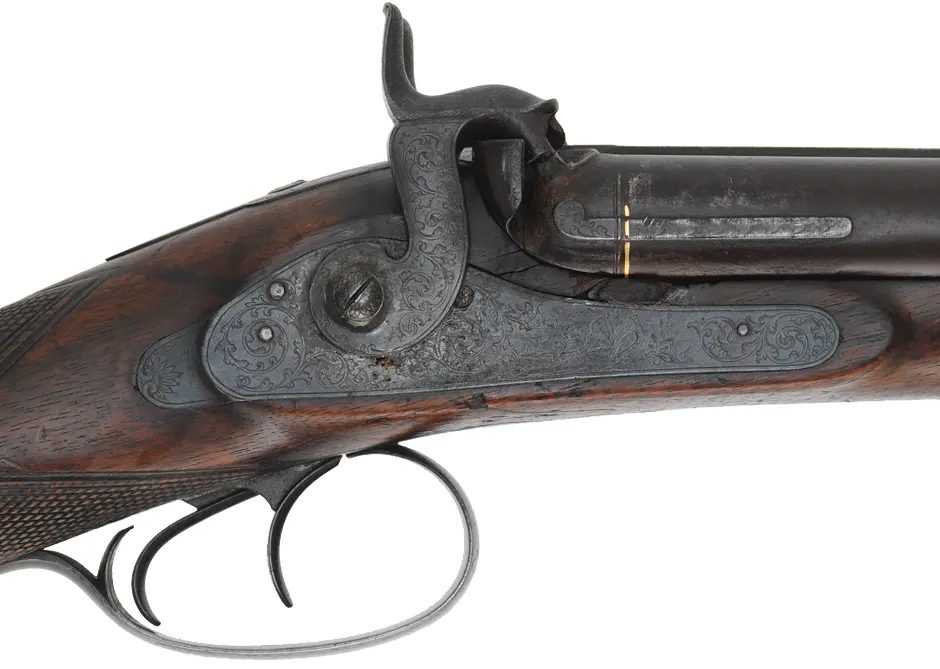 Antique Double Barrel Shotgun,
14 gauge, 30-1/2" Damascus barrels,
percussion, repaired walnut, engraved iron furniture, 
marked J.D. Hartmann in Hamburg
