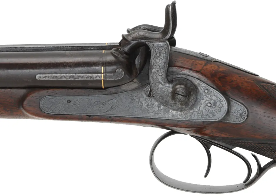 Antique Double Barrel Shotgun,
14 gauge, 30-1/2" Damascus barrels,
percussion, repaired walnut, engraved iron furniture, 
marked J.D. Hartmann in Hamburg
