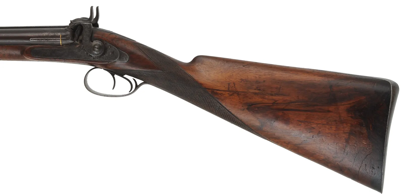 Antique Double Barrel Shotgun,
14 gauge, 30-1/2" Damascus barrels,
percussion, repaired walnut, engraved iron furniture, 
marked J.D. Hartmann in Hamburg