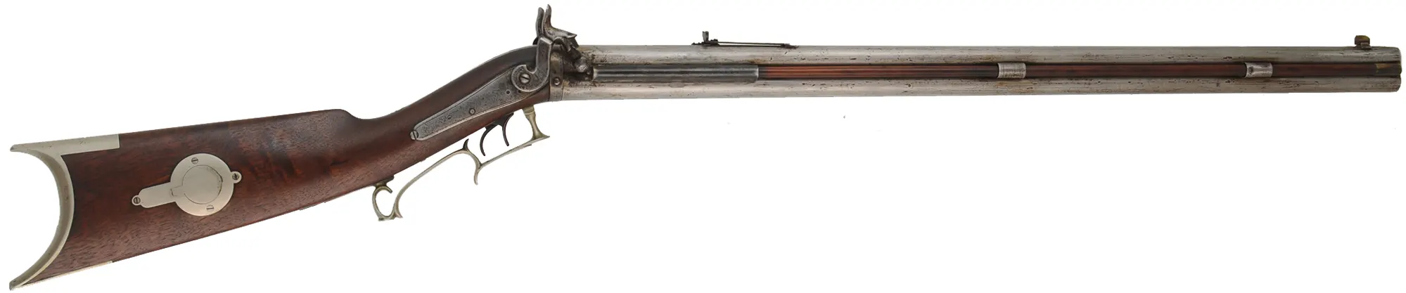Antique Over Under Rifle,
.43 caliber, 27" barrels,
walnut, nickel silver furniture, percussion,
marked L.L. Hebburn,  Colton, New York