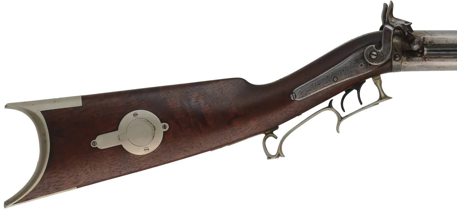 Antique Over Under Rifle,
.43 caliber, 27" barrels,
walnut, nickel silver furniture, percussion,
marked L.L. Hebburn,  Colton, New York