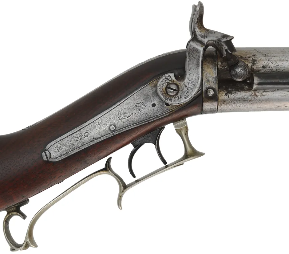 Antique Over Under Rifle,
.43 caliber, 27" barrels,
walnut, nickel silver furniture, percussion,
marked L.L. Hebburn,  Colton, New York