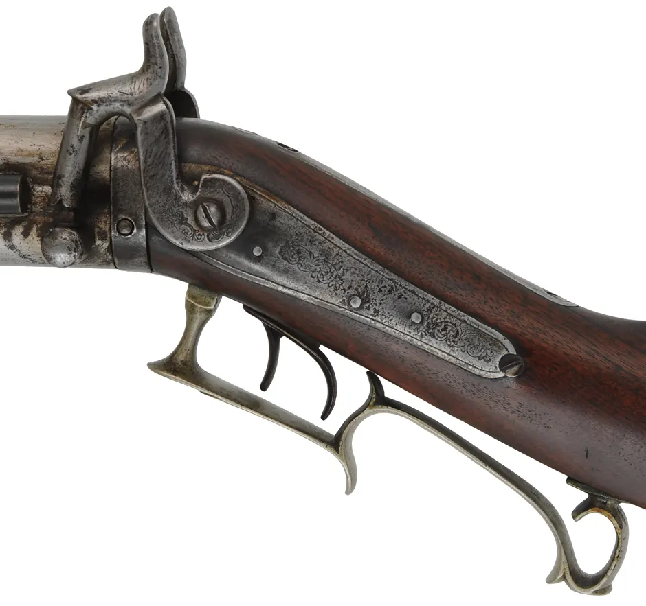 Antique Over Under Rifle,
.43 caliber, 27" barrels,
walnut, nickel silver furniture, percussion,
marked L.L. Hebburn,  Colton, New York