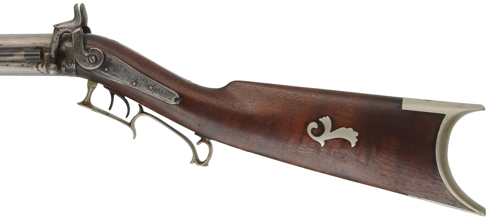 Antique Over Under Rifle,
.43 caliber, 27" barrels,
walnut, nickel silver furniture, percussion,
marked L.L. Hebburn,  Colton, New York