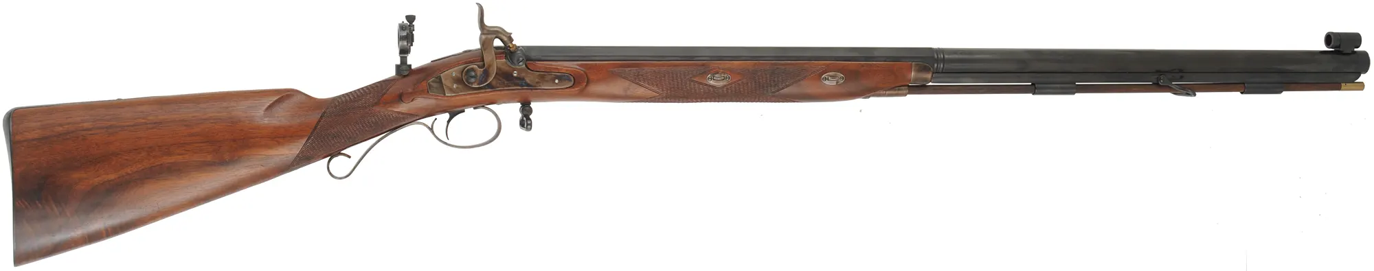 Mortimer Whitworth Target Rifle,
.451 caliber, 31-1/2" octagon-to-round barrel,
percussion, checkered walnut, iron trim, globe & tang sight,
bullet mold, used, by Davide Pedersoli
