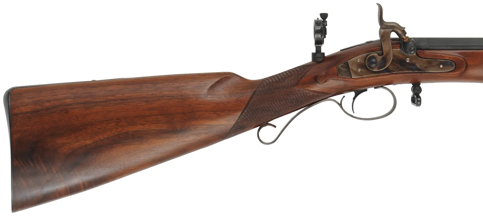 Mortimer Whitworth Target Rifle,
.451 caliber, 31-1/2" octagon-to-round barrel,
percussion, checkered walnut, iron trim, globe & tang sight,
bullet mold, used, by Davide Pedersoli