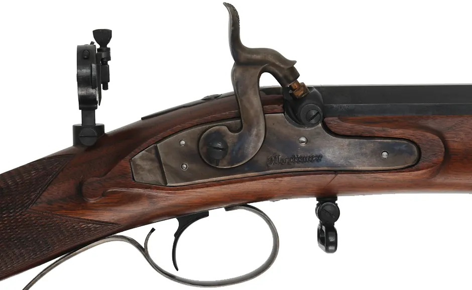 Mortimer Whitworth Target Rifle,
.451 caliber, 31-1/2" octagon-to-round barrel,
percussion, checkered walnut, iron trim, globe & tang sight,
bullet mold, used, by Davide Pedersoli