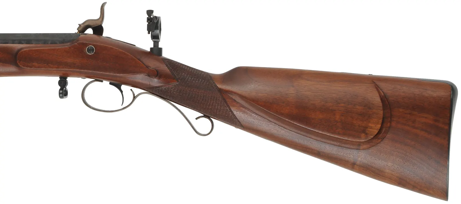Mortimer Whitworth Target Rifle,
.451 caliber, 31-1/2" octagon-to-round barrel,
percussion, checkered walnut, iron trim, globe & tang sight,
bullet mold, used, by Davide Pedersoli