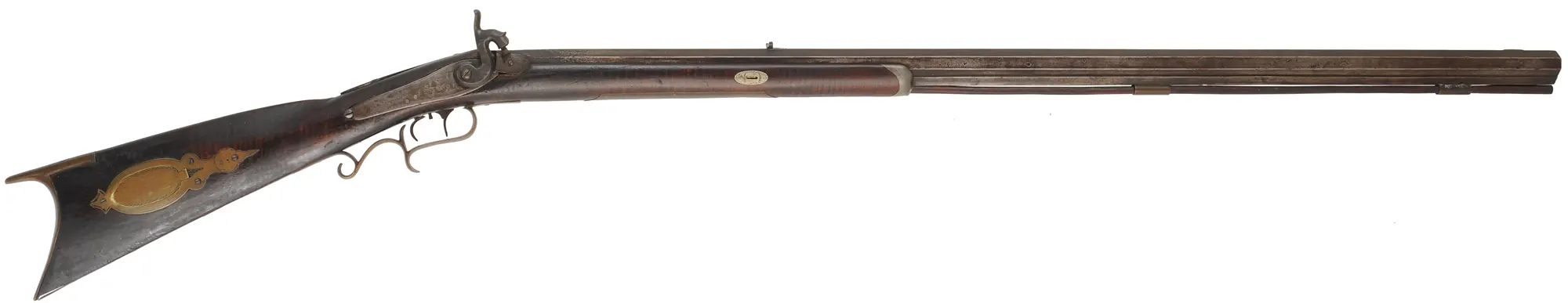 Antique Halfstock Rifle,
.41 caliber, 38-1/2" barrel, 
percussion, maple, brass,
initialed T.J.L. 