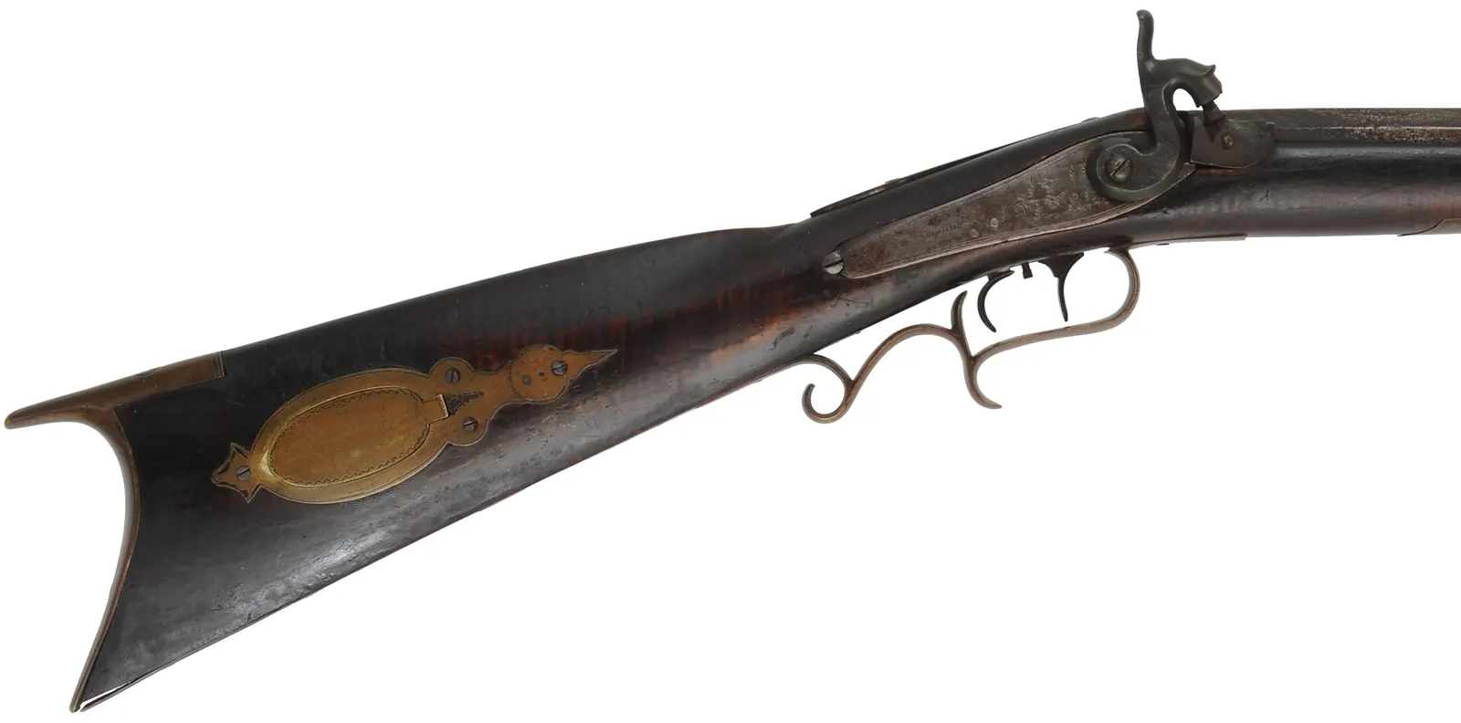 Antique Halfstock Rifle,
.41 caliber, 38-1/2" barrel, 
percussion, maple, brass,
initialed T.J.L. 