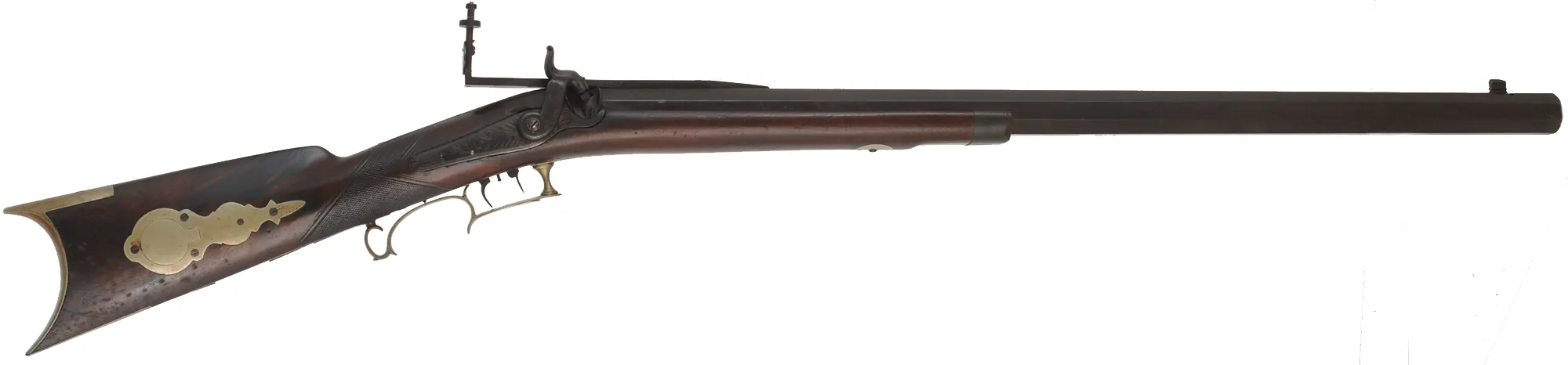 Antique Target Rifle
.48 caliber, 31" heavy barrel,
walnut stock, silver trim, peep sight, 
by A. Leonard, Saxon River, Vermont