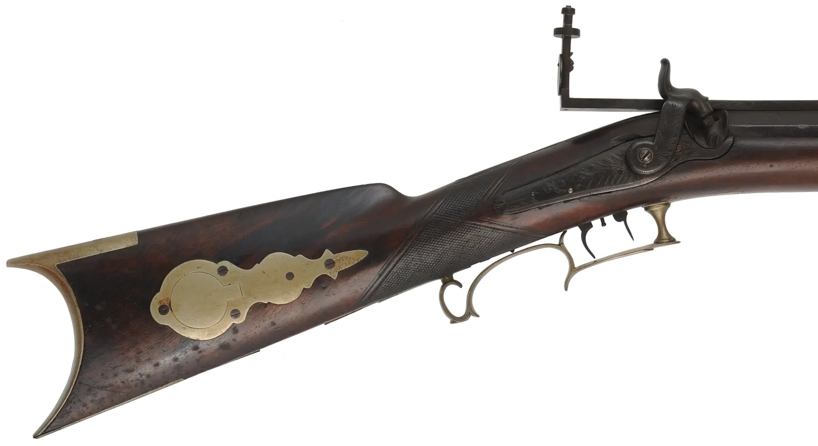 Antique Target Rifle
.48 caliber, 31" heavy barrel,
walnut stock, silver trim, peep sight, 
by A. Leonard, Saxon River, Vermont