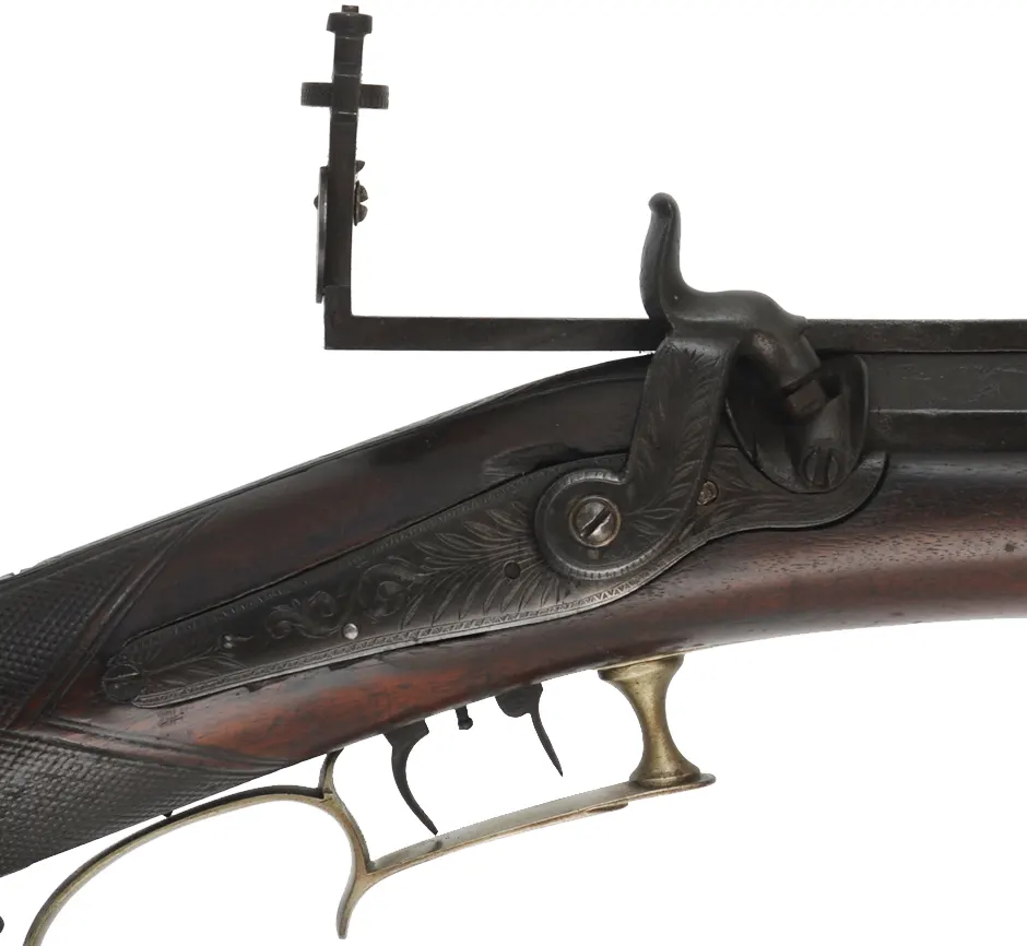 Antique Target Rifle
.48 caliber, 31" heavy barrel,
walnut stock, silver trim, peep sight, 
by A. Leonard, Saxon River, Vermont