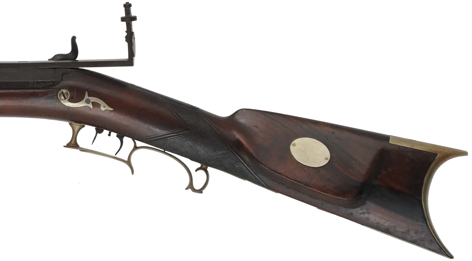 Antique Target Rifle
.48 caliber, 31" heavy barrel,
walnut stock, silver trim, peep sight, 
by A. Leonard, Saxon River, Vermont