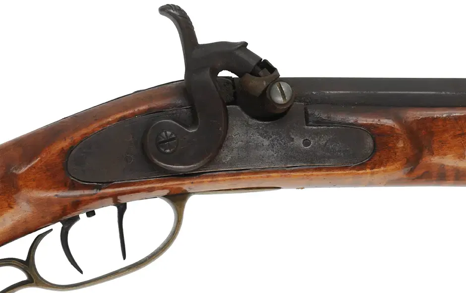 Antique Ohio Rifle,
.45 caliber,  30-1/2" octagon barrel, 
maple, brass, pewter forend cap,
set triggers, percussion lock
