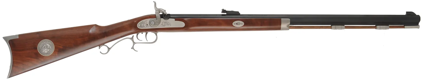 Thompson Center Hawken Cougar Rifle,
.50 caliber, 28" barrel,
percussion, fancy walnut, repaired crack at toe, stainless steel trim,
used, by Thompson Center Arms