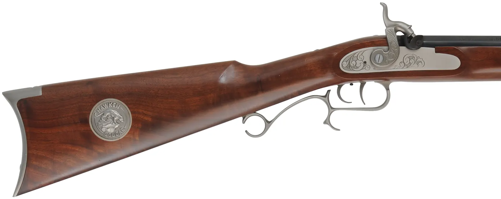 Thompson Center Hawken Cougar Rifle,
.50 caliber, 28" barrel,
percussion, fancy walnut, repaired crack at toe, stainless steel trim,
used, by Thompson Center Arms