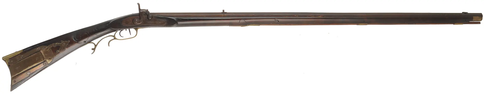 Decorator ~ Antique Fullstock Rifle,
.46 caliber smoothbore, 42" barrel,
very rough bore, Riddle marked percussion lock,
incised maple, brass, as-is for decoration