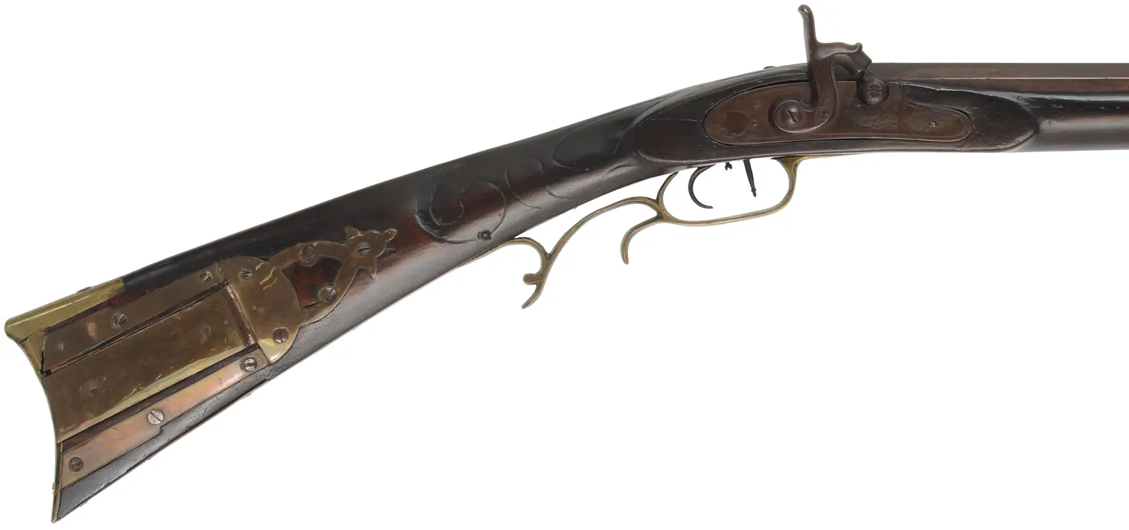 Decorator ~ Antique Fullstock Rifle,
.46 caliber smoothbore, 42" barrel,
very rough bore, Riddle marked percussion lock,
incised maple, brass, as-is for decoration